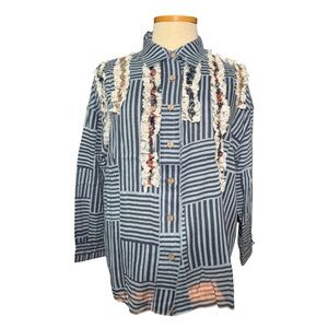 Oli & Hali Blue Ruffle Contrast Detail Striped Button Down Shirt